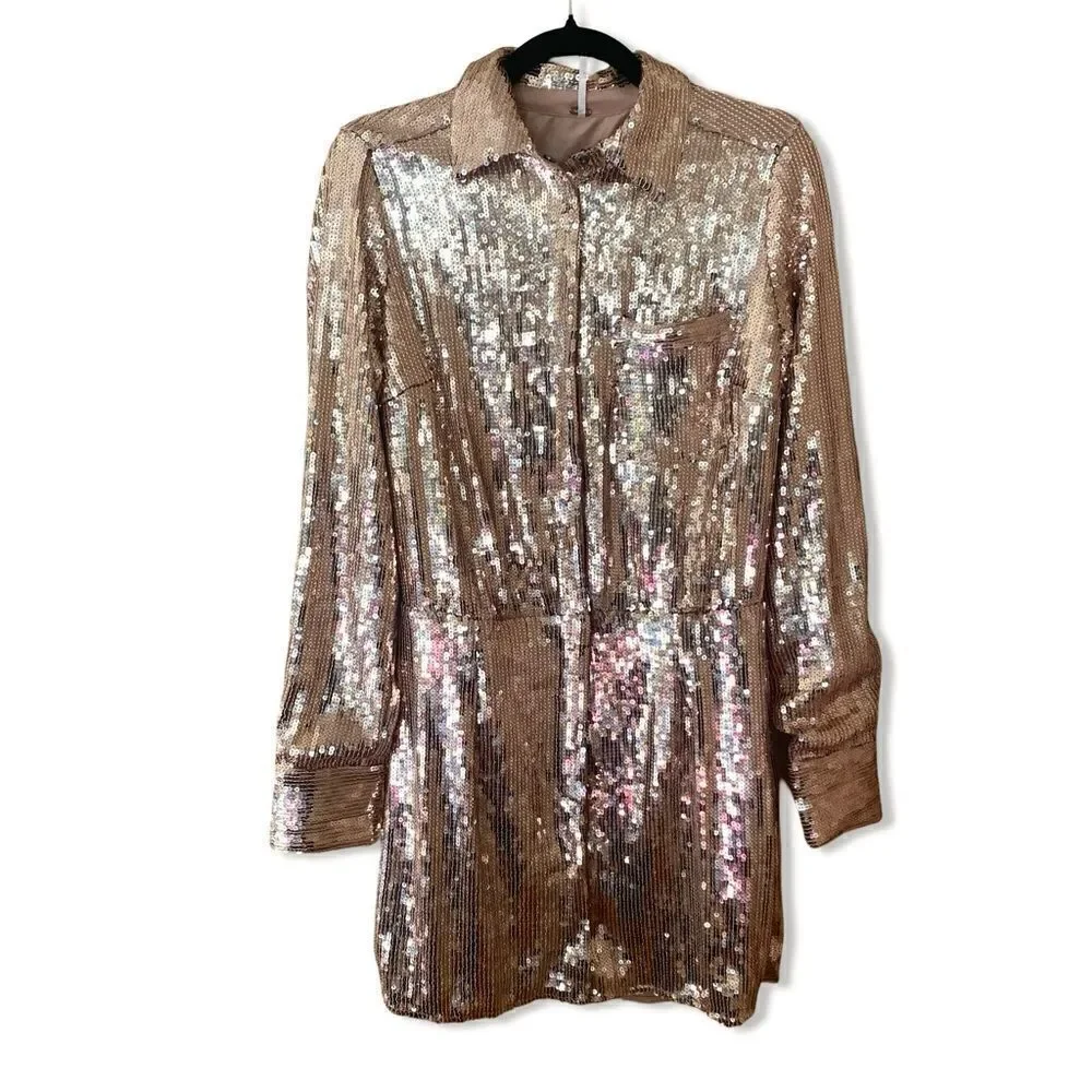 Free People Sophie Sequin mini dress champagne gold snap party Revolve S